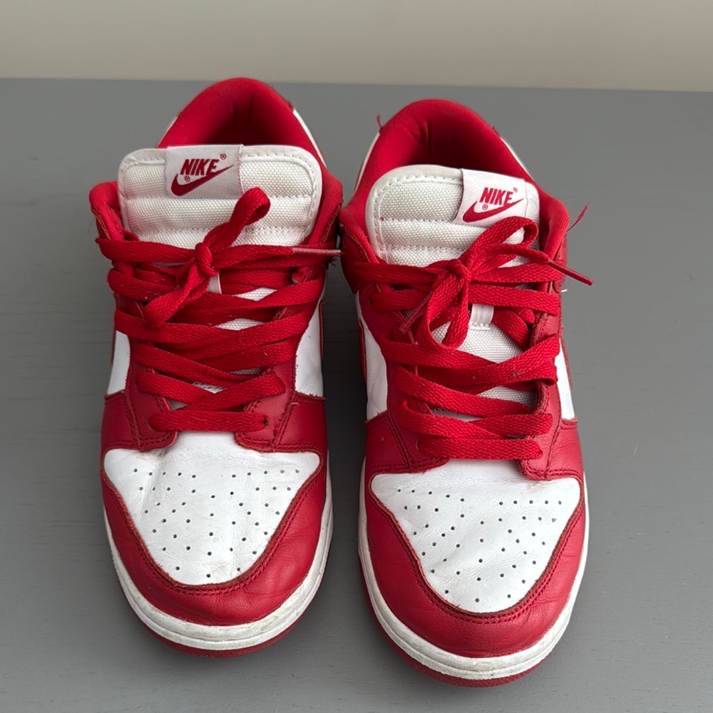 Nike Red and White Athletic Shoes with Iconic Dunk Silhouette